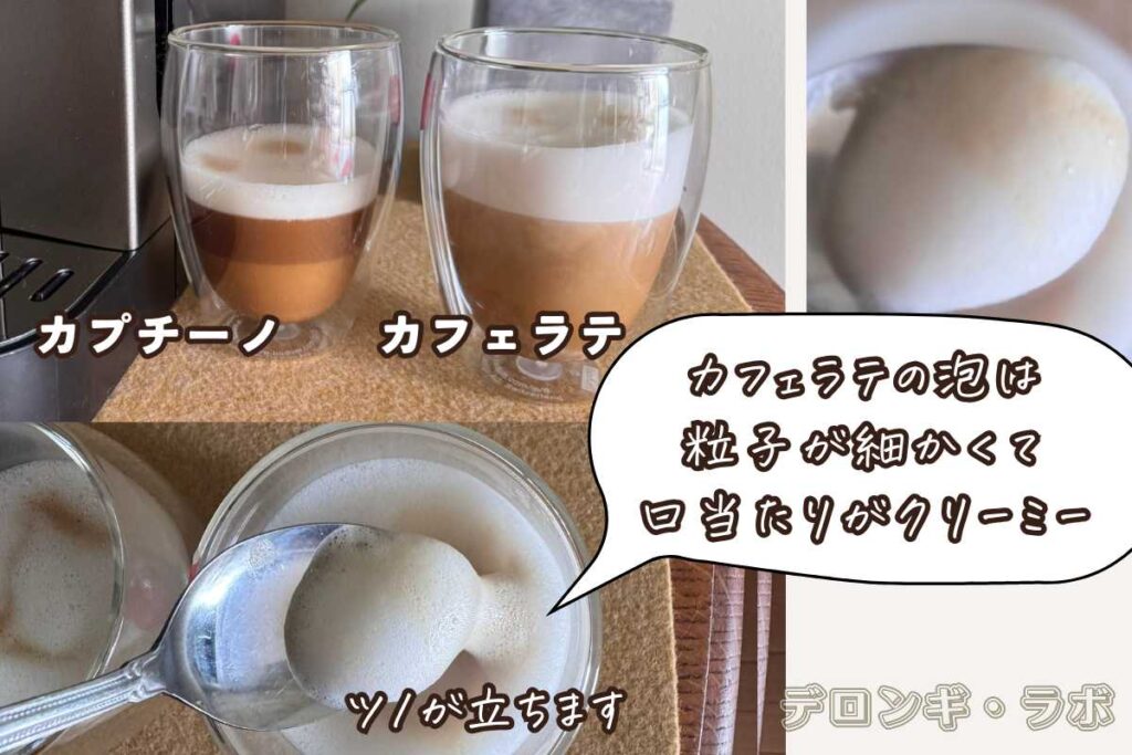 マグニフィカイーヴォECAM29081TBラテクレマ™で作ったカプチーノとカフェラテの泡の差
