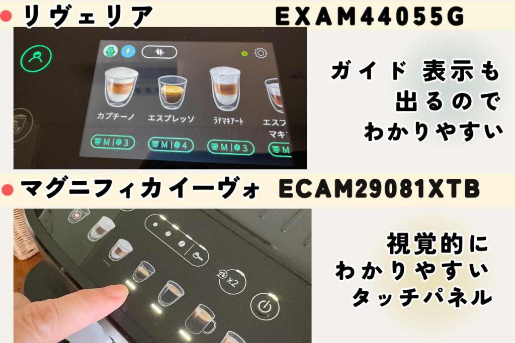 デロンギ リヴェリアEXAM44055Gと マグニフィカ イーヴォECAM29081XTBの液晶画面