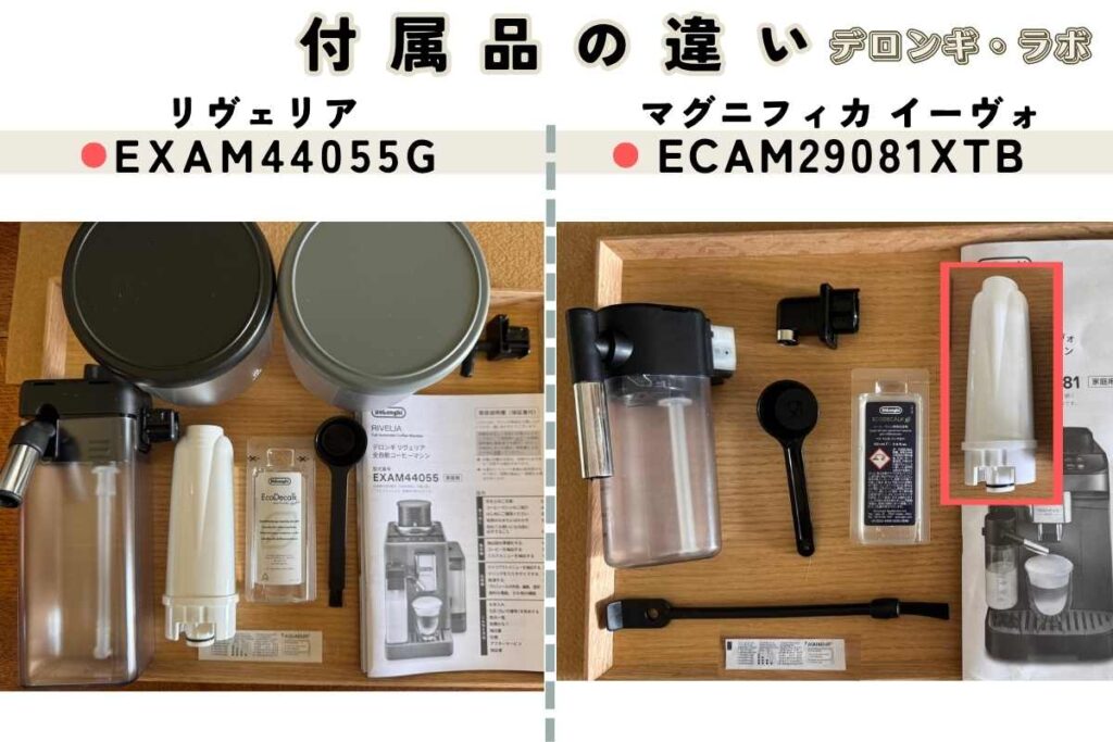 デロンギ リヴェリアEXAM44055Gと マグニフィカ イーヴォECAM29081XTBの付属品の違い