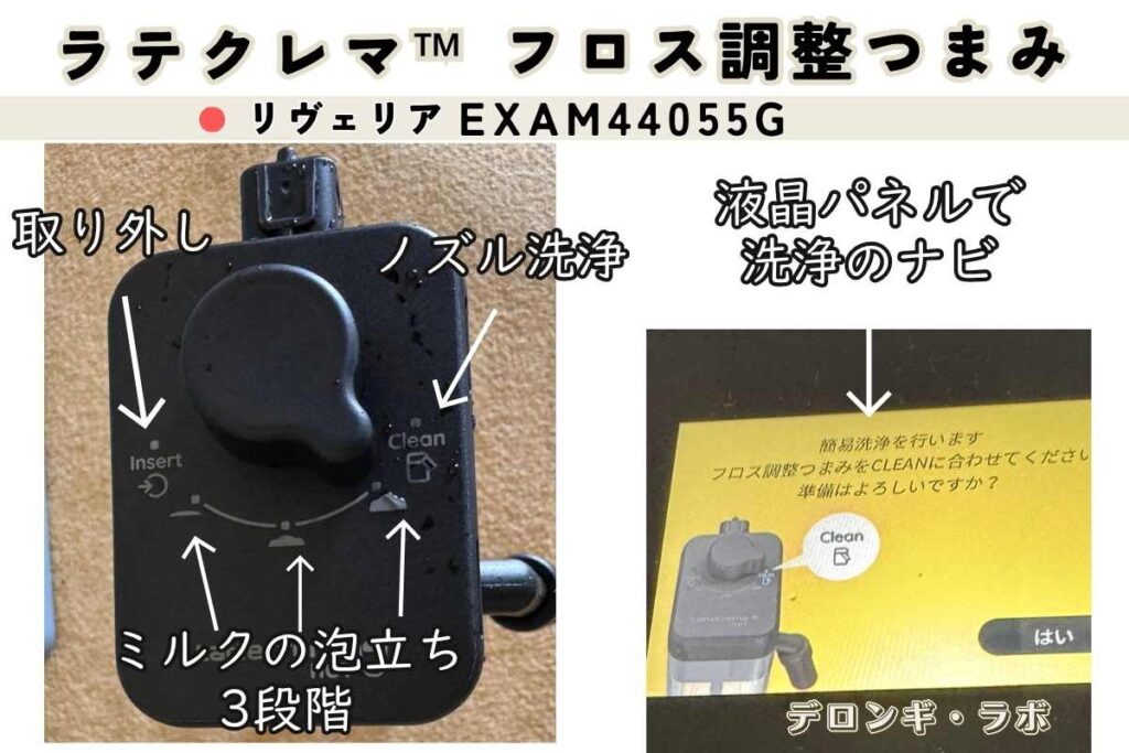 デロンギ リヴェリアEXAM44055Gのラテクレマポットのフロス調整つまみ
