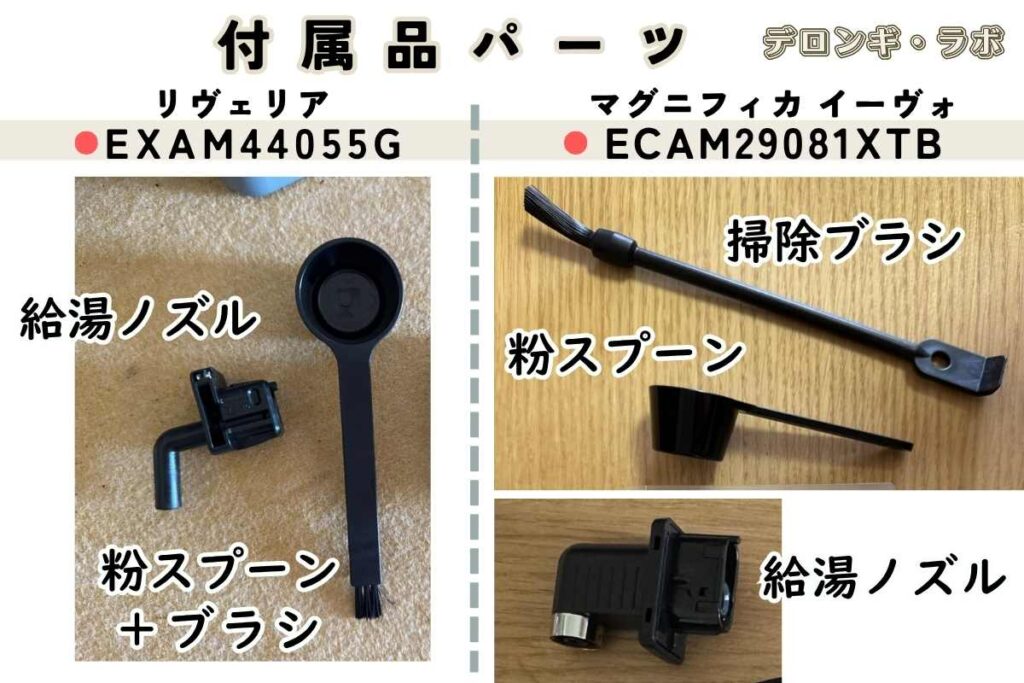 デロンギ リヴェリアEXAM44055Gと マグニフィカ イーヴォECAM29081XTBの付属品パーツの違い