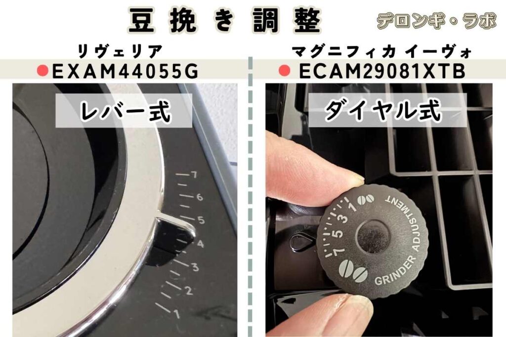 デロンギ リヴェリアEXAM44055Gと マグニフィカ イーヴォECAM29081XTBの豆の挽き具合変更ダイヤル