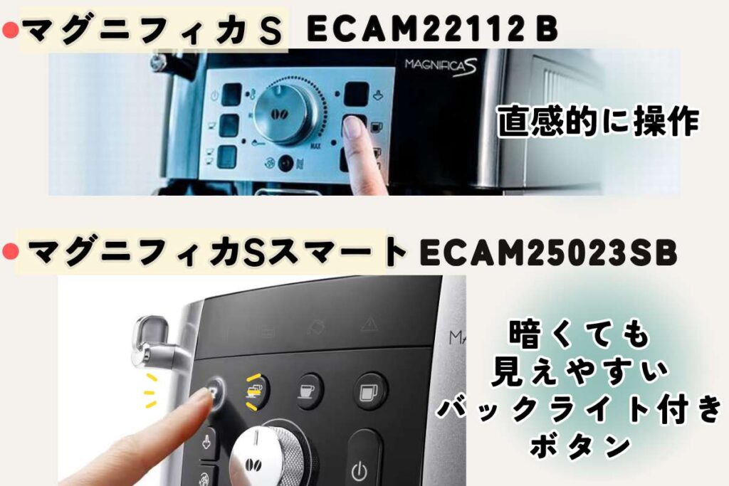 デロンギ マグニフィカS（ECAM22112B/W）とマグニフィカ S スマート（ECAM25023SB）の操作パネル
