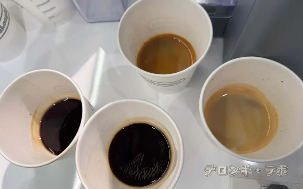 デロンギ店舗の試飲ドッピオとエスプレッソでクレマの違いを確認