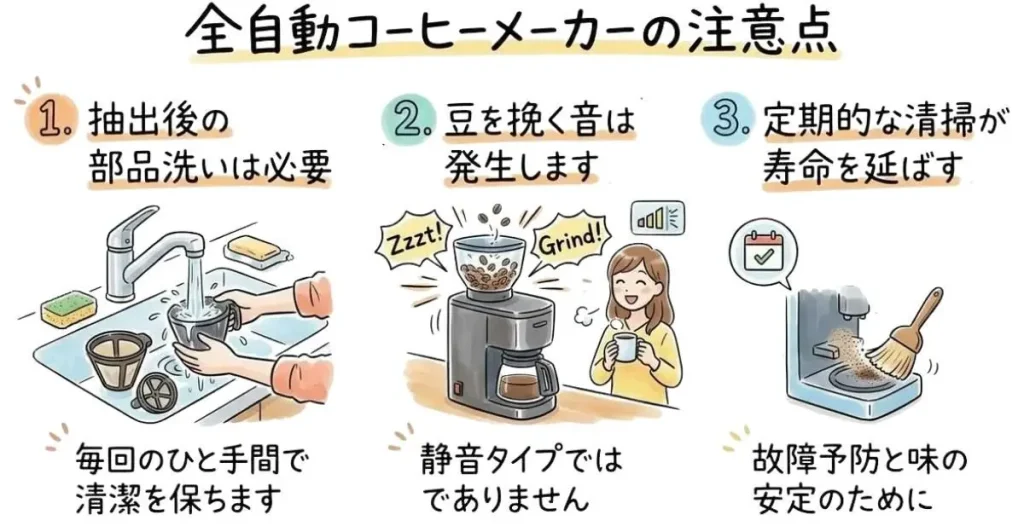 全自動コーヒーマシン4機種に共通する基本仕様 使用後は粉捨てと洗い物が発生する