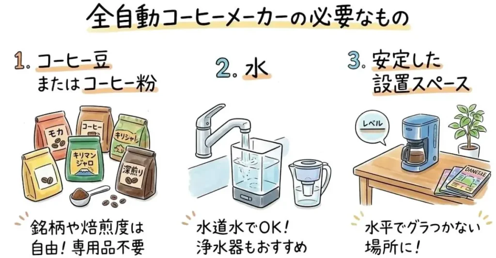 全自動コーヒーマシン4機種に共通する基本仕様 基本は豆と水、 機種により紙フィルターが必要