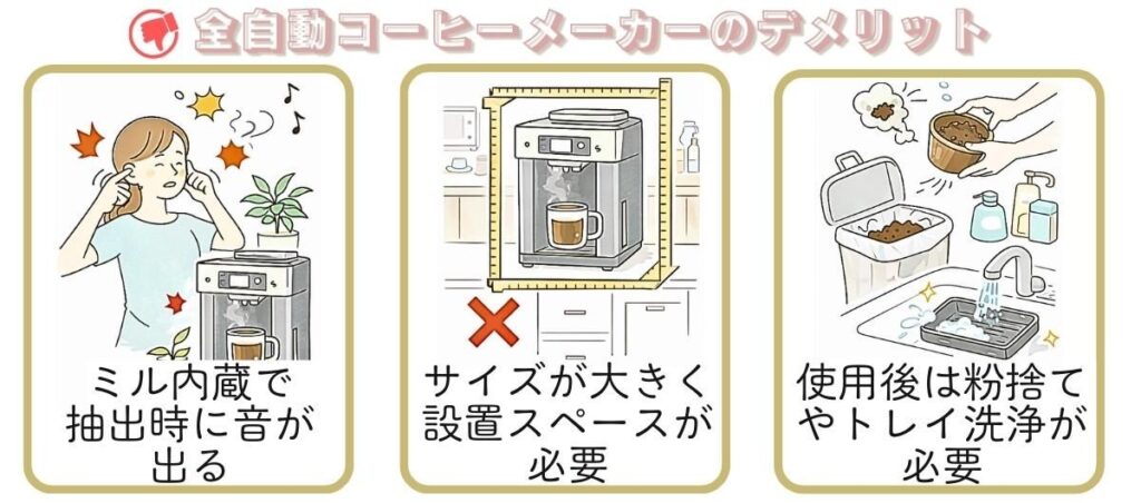 インフォグラフィック全自動コーヒーメーカーのデメリット3つ。見る内臓なので抽出時に音が出る。サイズが大きく設置スペースが必要。使用後のカス捨てやトレイ清掃が必要。