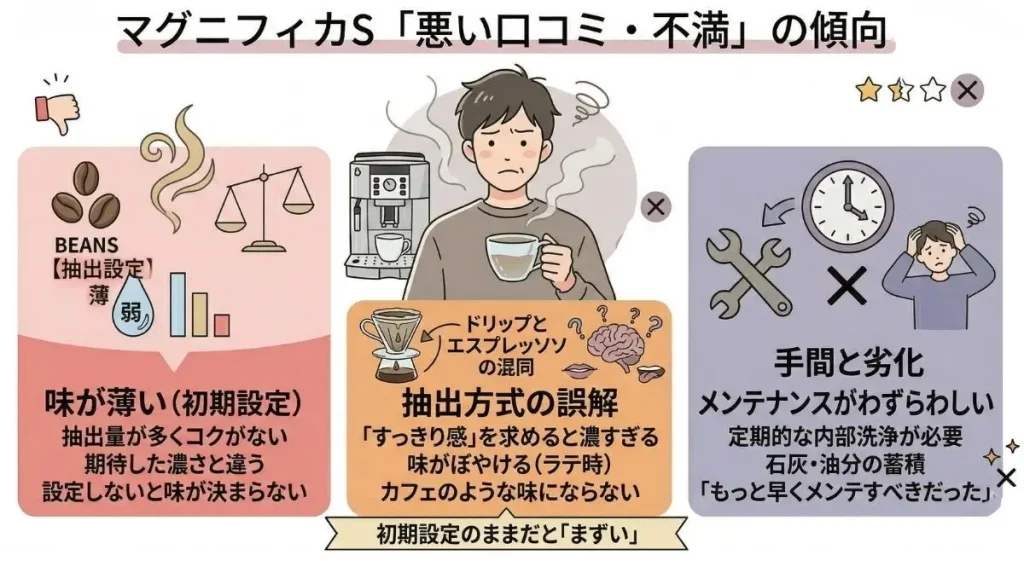 マグニフィカSの味に関する口コミ・評判 悪い口コミ:味の「濃さ」や「温度」に対する不満
