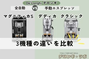 全自動マグニフィカSと手動エスプレッソのデディカ・クラシック3機種の違いを比較するアイキャッチ画像