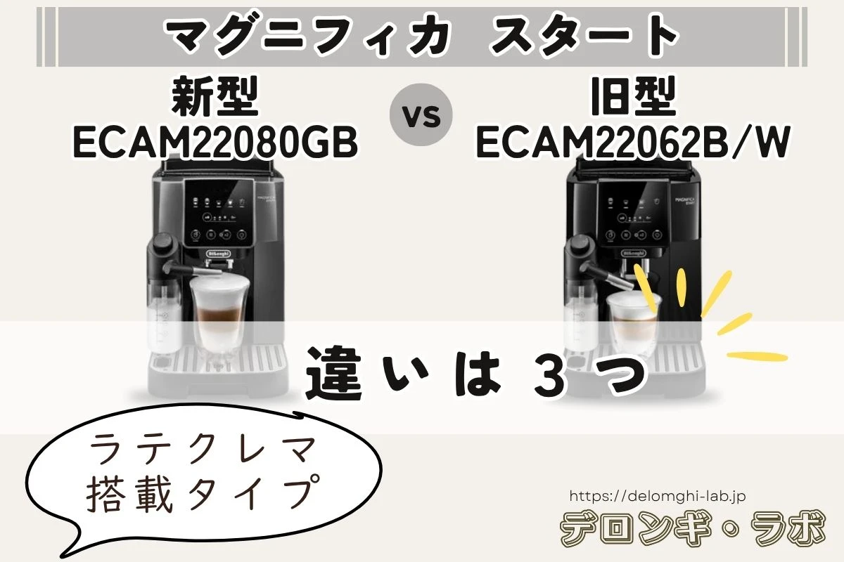 デロンギ マグニフィカスタート【ラテクレマ搭載】新型と旧型の違いは3つ｜ECAM22080GBとECAM22062B/W
